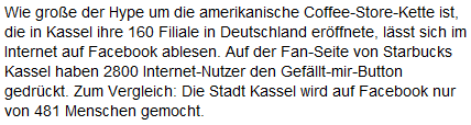 HNA.de behauptet, die Stadt Kassel hätte auf Facebook unter 500 Fans.